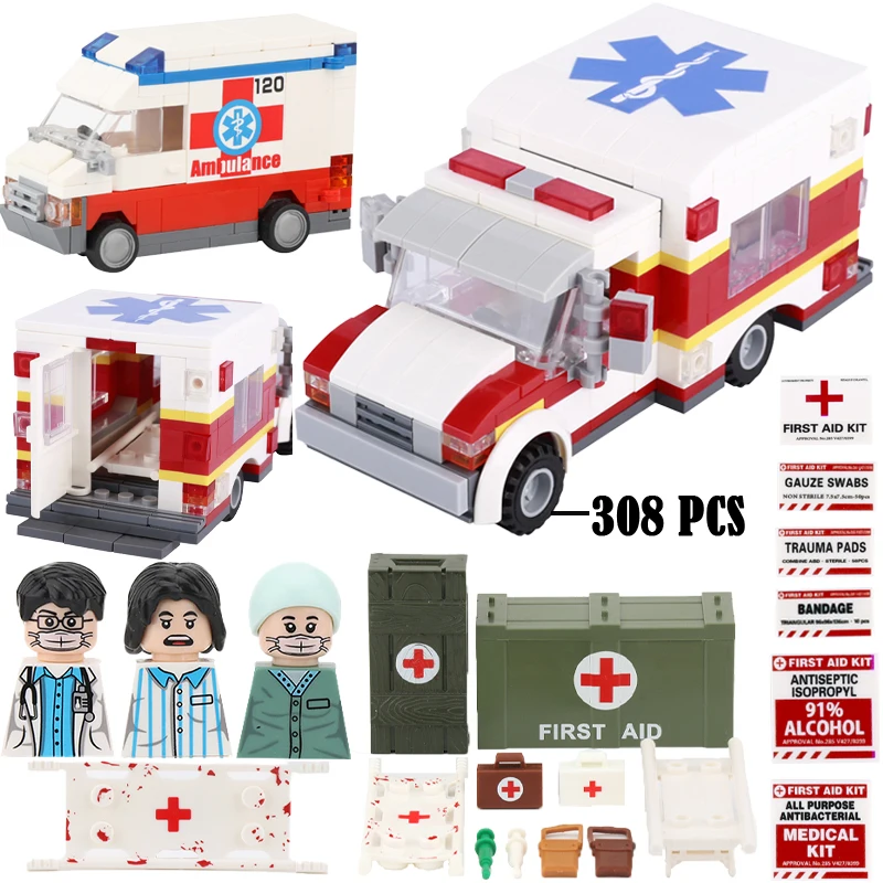 MOC City Ambulance Car Building Blocks Military Doctor Medical Package Stretcher Solider Figures Vehicle Printed Tile Bricks Toy