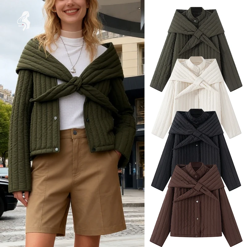 Женская хлопковая куртка с воротником-стойкой, съемный шарф, однобортная короткая хлопковая куртка, осенне-зимняя повседневная одежда для поездок на работу