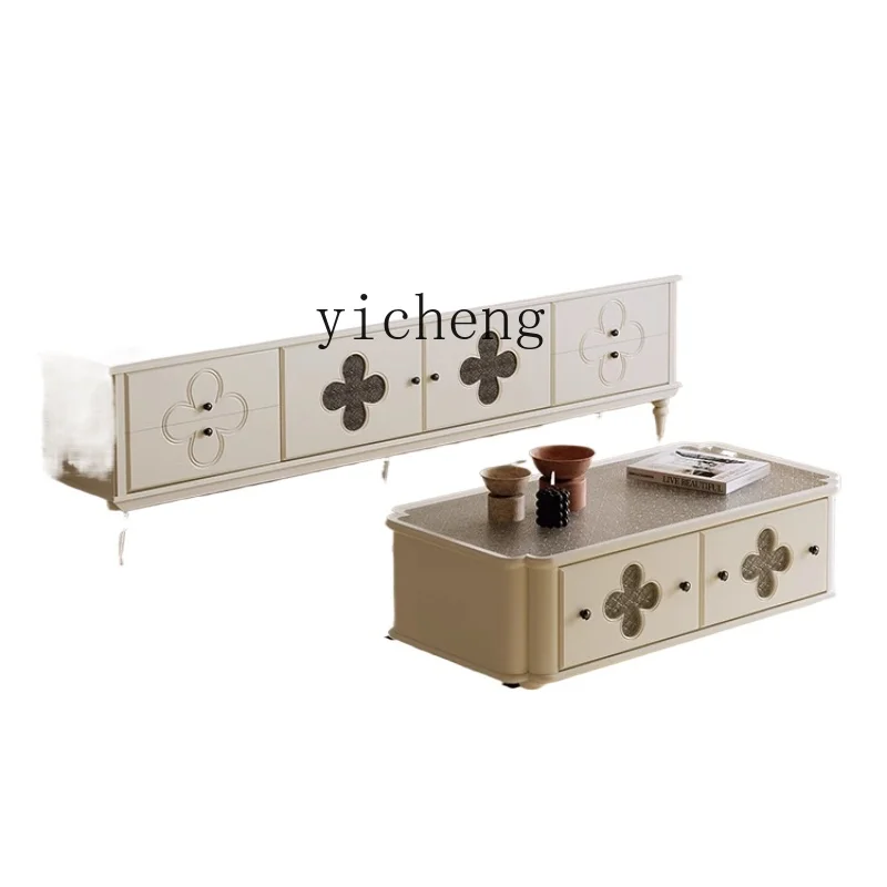 

ZF New Cream White French Style Solid Wood Clover Tea Table TV Cabinet Combination Small Apartment