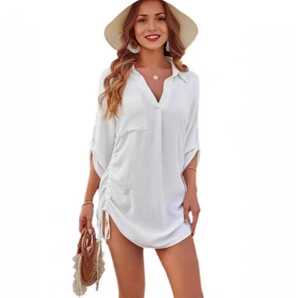 

Women Beach Cover Up Beach Cover Up Shirt with Drawstring Detail Loose Fit Vacation Top for Wear Lapel 3/4