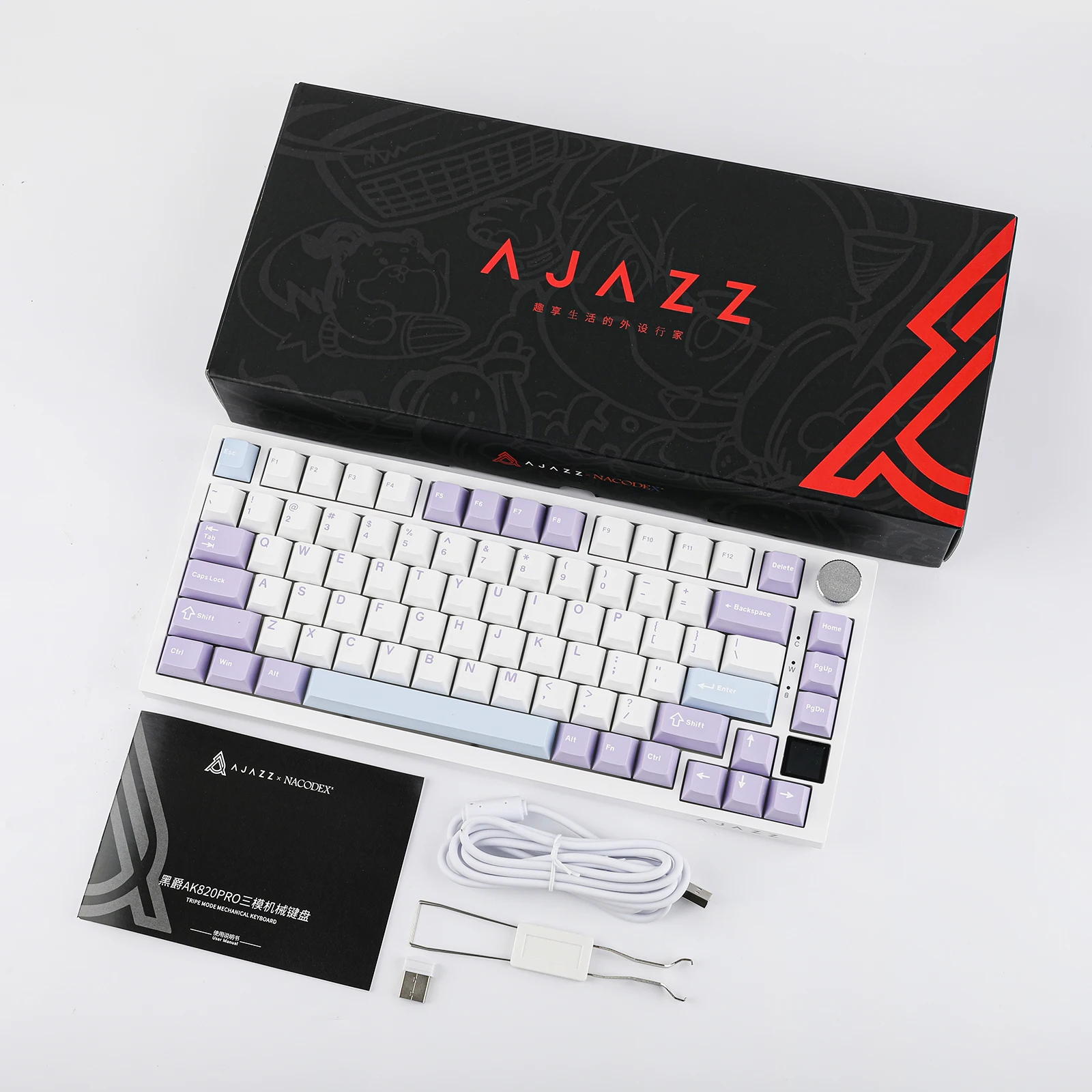 Ajazz AK820 Pro 75% op pakking gemonteerd Bluetooth 5.1/2.4G draadloos en Type-C bedraad mechanisch toetsenbord met TFT-scherm voor gaming