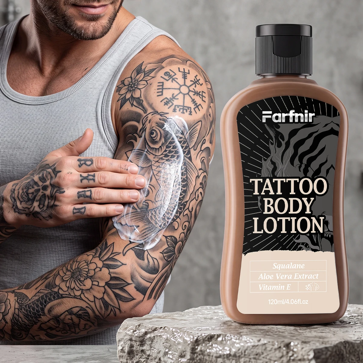 Tattoo body lotion, moisturizes and protects tattoos, gentle and non-irritating, alcohol-free.