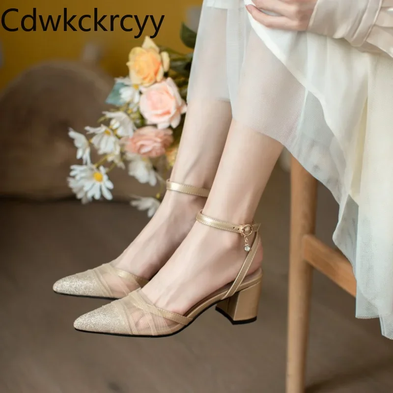 صندل بكعب عالي مدبب للنساء ، شاش ترتر ، كعب سميك ، حفلة مثيرة ، موضة بتصاميم جديدة ، مقاس 34-43 ، صيف