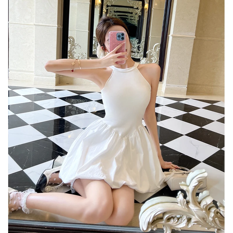 Elegante Backless Pieghettato Puff Hem Mini Vestito Delle Donne Chic Solido A Vita Alta Lace Up Abiti New Lady Vacation Street Abiti 2025