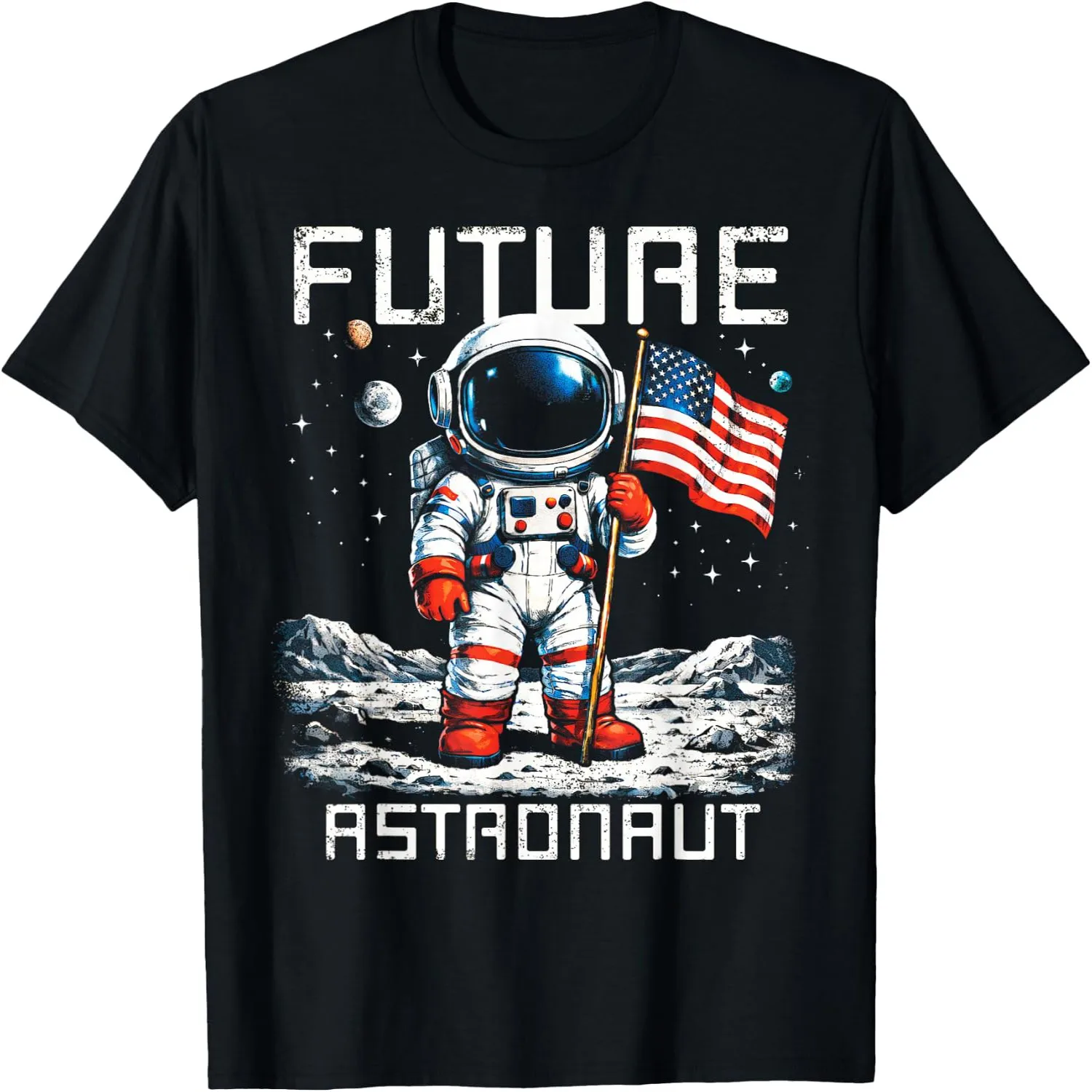 Future Astronaut On The Moon Astronomy Outer Space USA Flag T-Shirt 100% cotton short sleeve tee