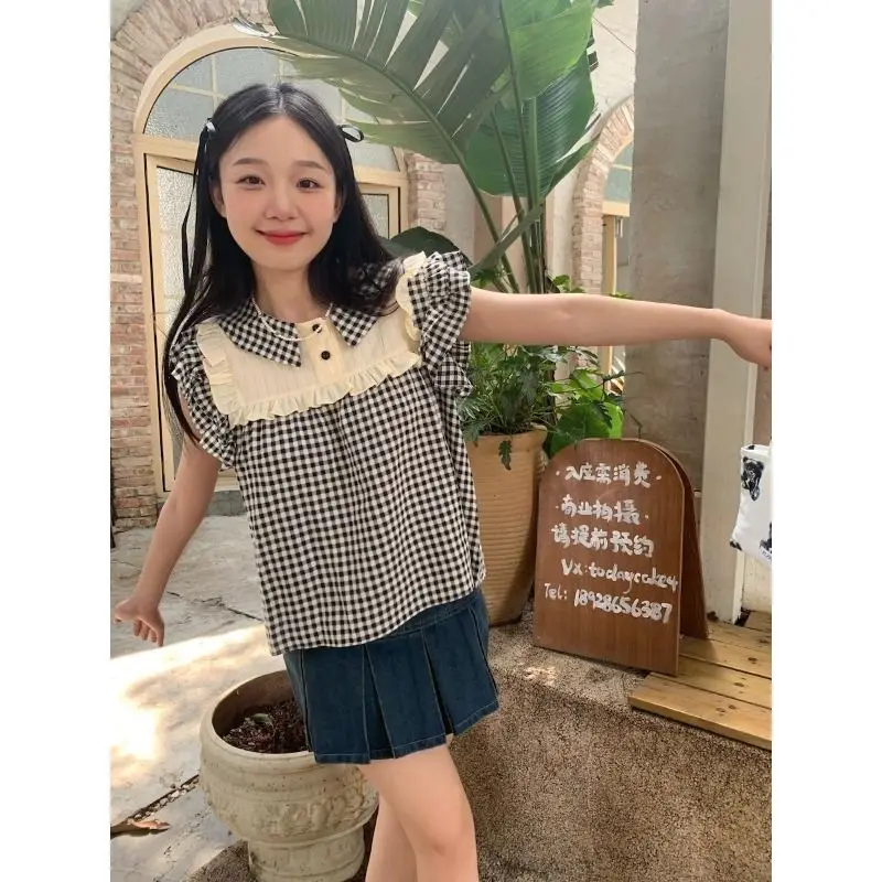 Flying Sleeve Plaid Blouses for Women Sweet Korean Style Tender Chic Summer Simple Fashion College All-match Vintage Temperament