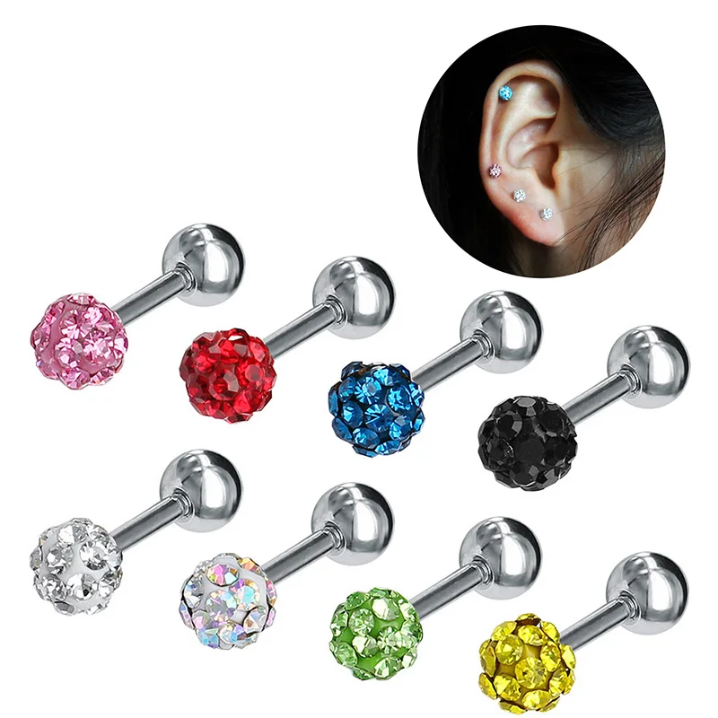 2pcs 4mm Medical Steel Crystal ball Studs Earrings For Women /Girls Screw Ball Tragus Cartilage Piercing Jewelry