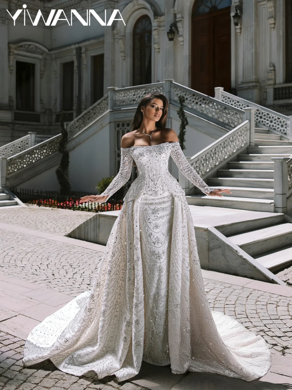 

2026 New Silver Crystal Lace Wedding Dress With Corset Off Shoulder Gorgeous Bridal Gown Customized Dreamy Dresses For Bride