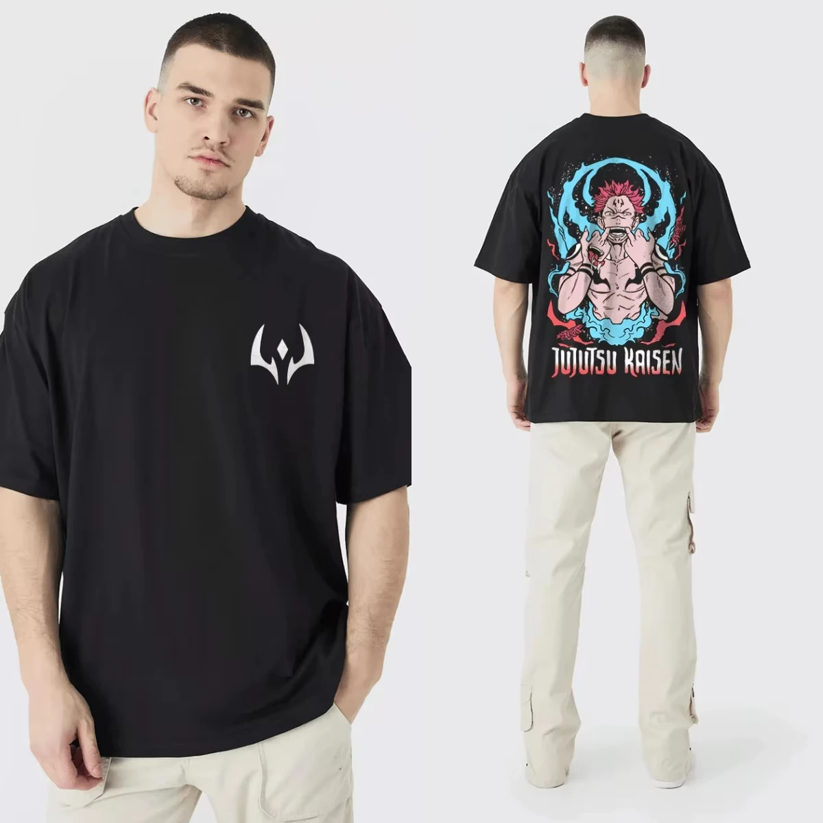 

Adult Children's Cotton Animation T-Shirt Jujutsu Kaisen Printed Black Men's Oversized T-shirt High Quality Casual Short Sleeve
