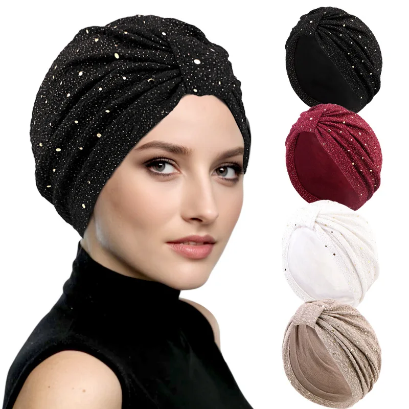 Women Sequin Knotted Turban Indian Hat Muslim Hijab Beanie Bonnet Hair Loss Headscarf Chemo Cap Headwear Bandanas Turbante Mujer