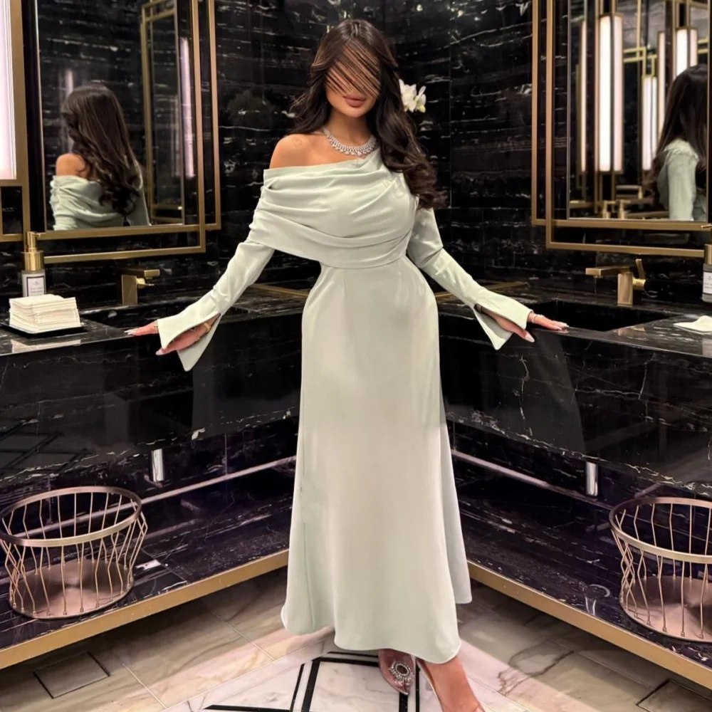 

Customized Matching Simple Jersey Ruched A-line Off-the-shoulder Ankle Length Dresses Bespoke Occasion Dresses Sizes Available