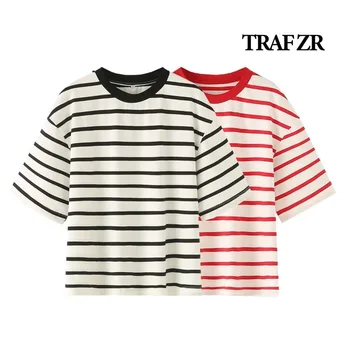 TRAF ZR rayé femmes mode T-shirts col rond manches courtes t-shirts chemisier haut couverture en coton pour l'été 2024 Harajuku t-shirt