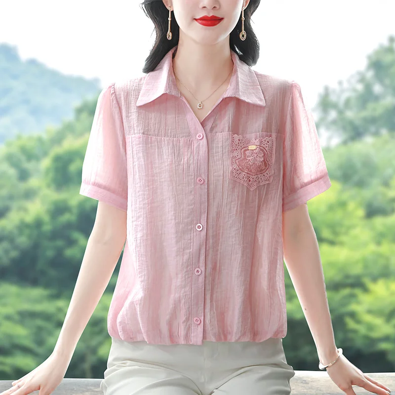 

Summer New Exquisite Beautiful Chiffon Blouse Short Sleeve Top Women's Fashion Slim Fit