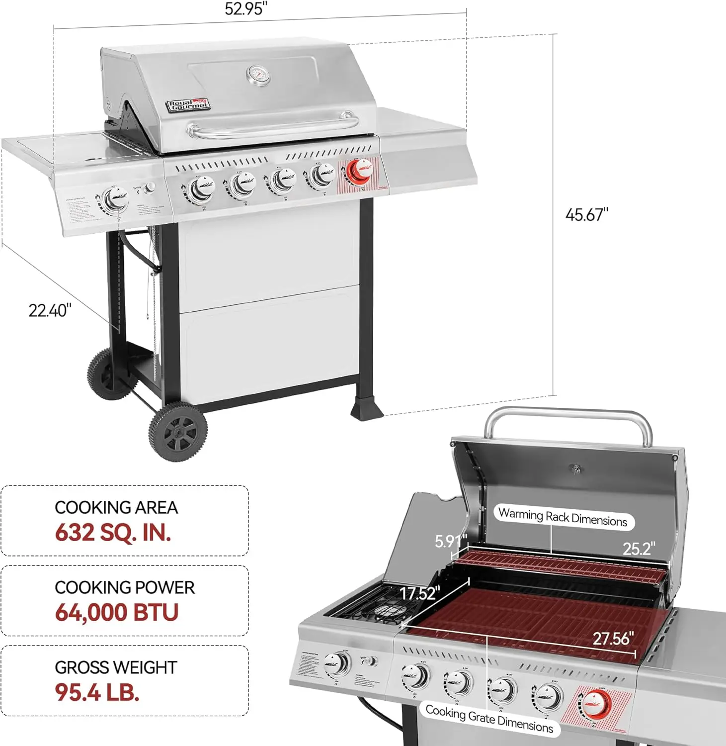 GA5401T 5-Burner Propane Gas Grill with Sear Burner and Side Burner, Stainless Steel BBQ Grill with 632 Sq. In. Gr