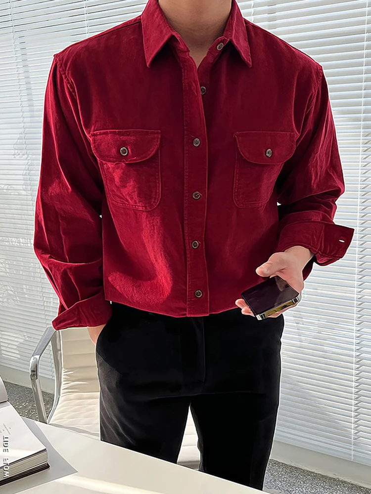 

Ретро винно-красный вельвет Long Sve irt для мужчин весна осень Hong Sle новогоднее праздничное двойное ket irt Jaet