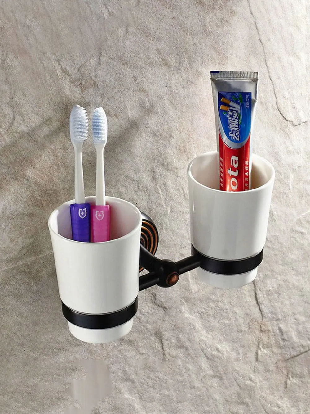 Soporte de cepillo de dientes de latón frotado con aceite negro con tazas dobles de cerámica accesorios de baño montados en la pared aba143