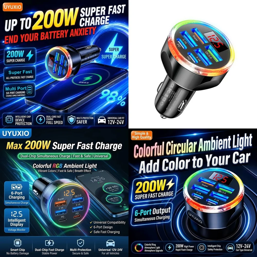 Universal 6 in 1 Car Charger Plug Trending for iPhone 18 17 16 Samsung S26 S25 S24 with LED Digital Voltage Monitoring Universal