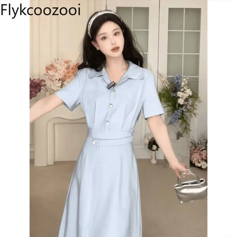 

Elegant Blue Vent Mid-calf Dress Women Short Sleeve Polo Neck Waisted Irregular Dress Summer Single Breasted Pleated Slim Cloth