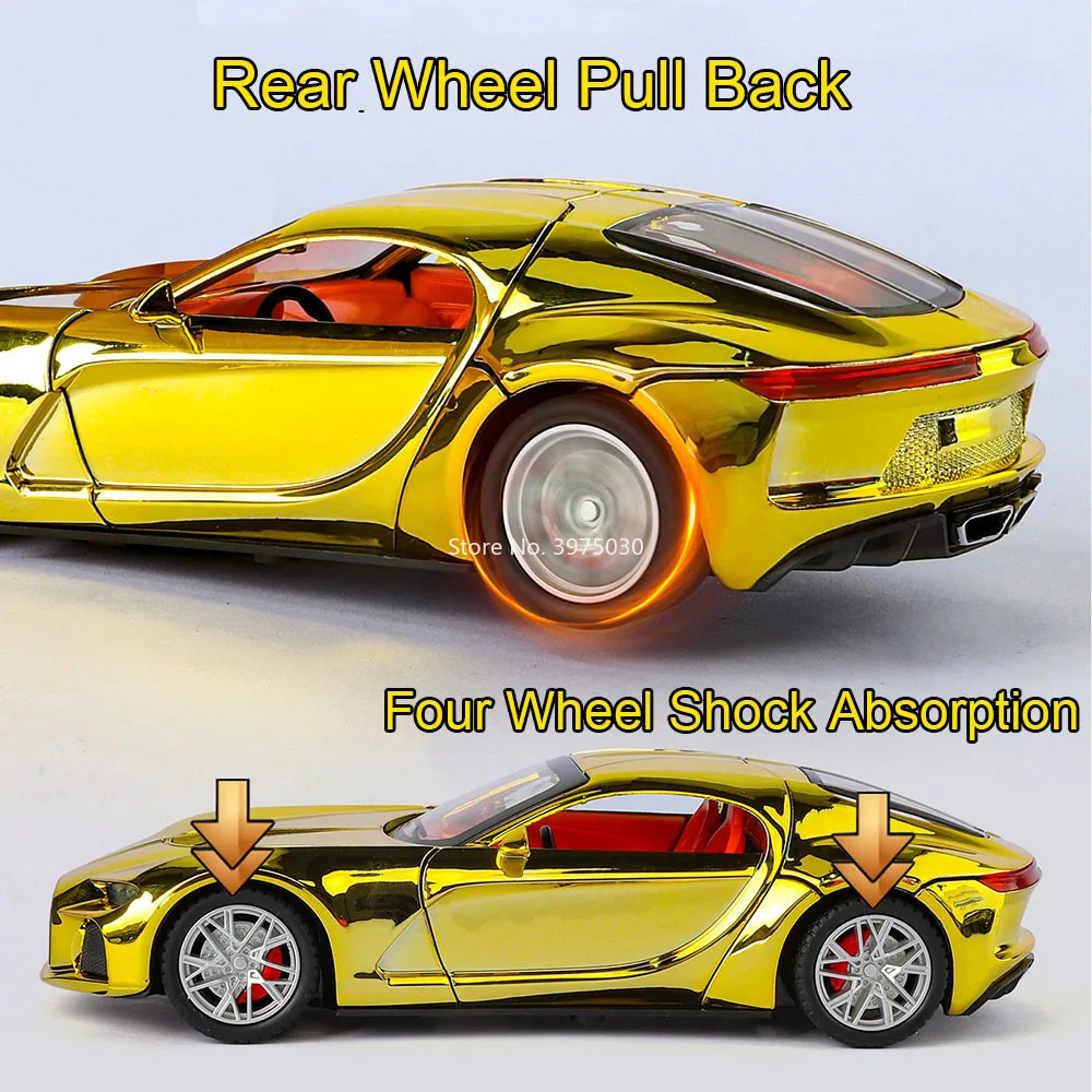 รถของเล่นบูกัตติแอตแลนติกอัลลอยด์ 1:24 รุ่นหล่อขึ้นรูป ยางยาง 3 ประตูเปิดได้ ซุปเปอร์คาร์ พร้อมระบบดึงหลัง ของตกแต่ง