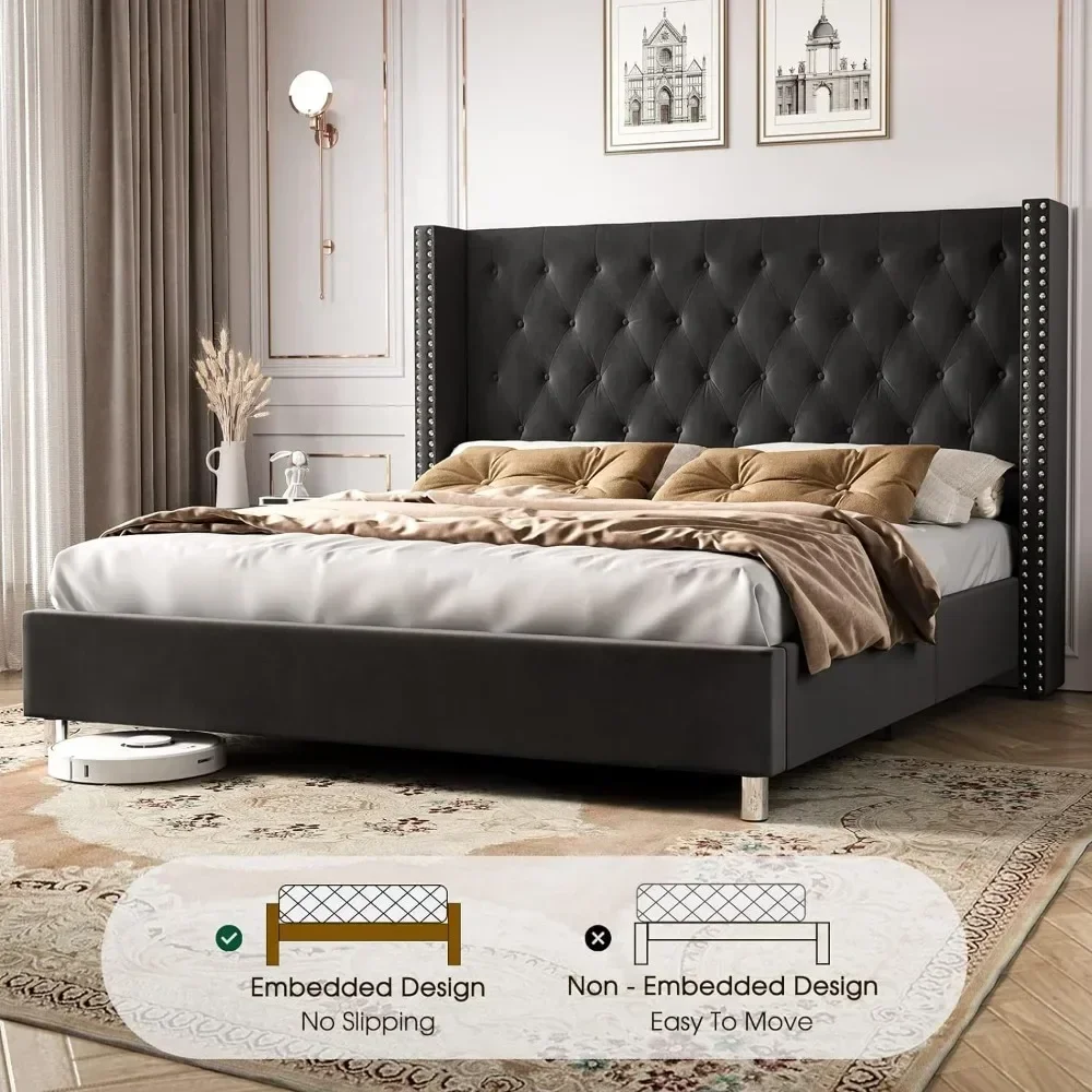 Queen En Kingsize Bedframe, Gestoffeerde Bedden Fluwelen Low-Profile Platformbedden Met Verhoogd Vleugelverdekkinghoofdeinde, Bedframe