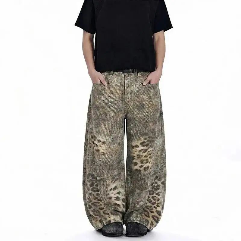 Avant-Garde Men's Jeans Leopard Print Gradient Oversized Wide Leg Fit High Street Loose Casual Denim Long Pants 9XR8X5