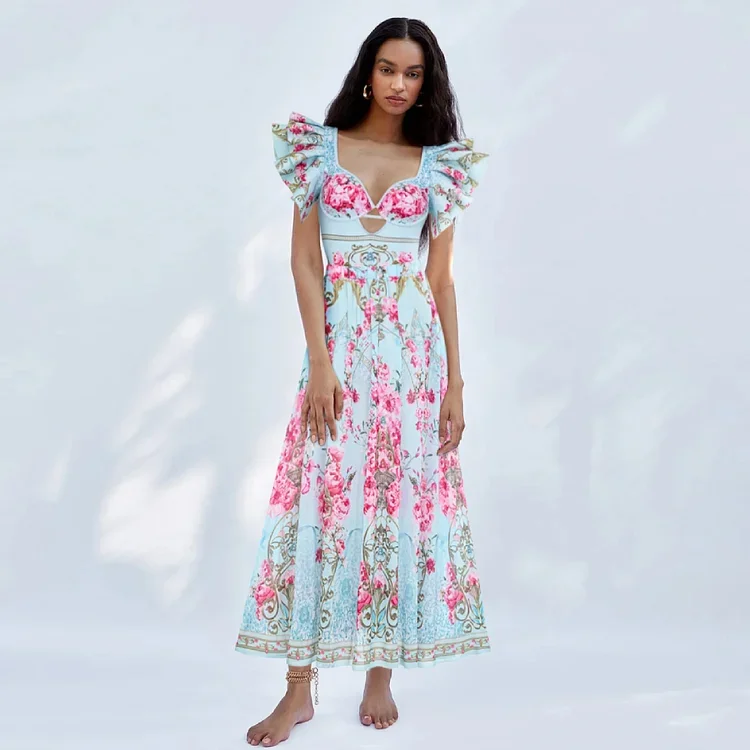 2024 Women Vacation Beachwear Luxury Bathing Suit Ruffled Blue Blooming Flowers Print One Piece Swimsuit and Skirt