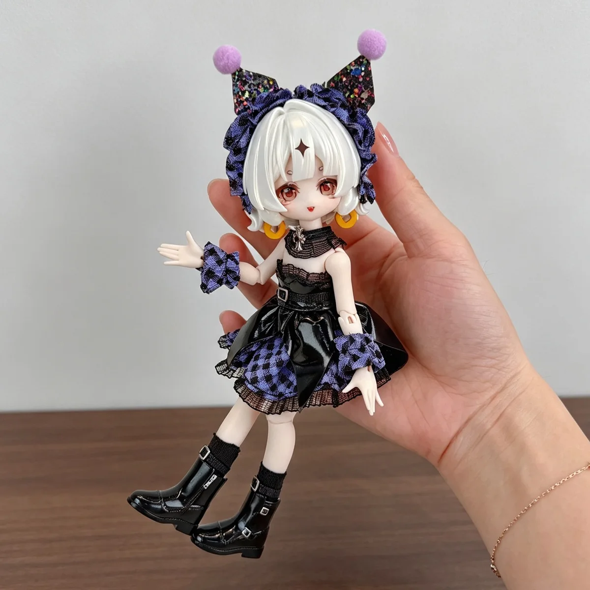 1/8 1/12 BJD Doll Black Purple Checkered Clothes Fashion Headwear+Scarf+Skirt+Sleeves+Socks Set For 11-17cm OB11 Doll Dress Up