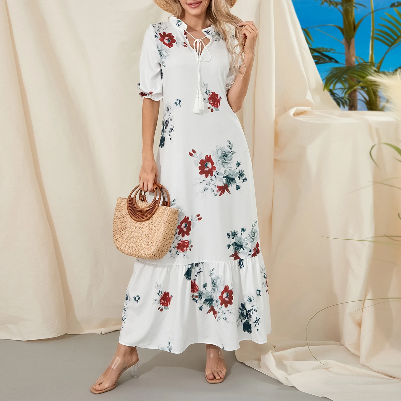 

Women's Casual Short Sleeve Long Dress Elegant V Neck Flower/Graphic Print Loose Swing Summer Beach Style Holiday Dress