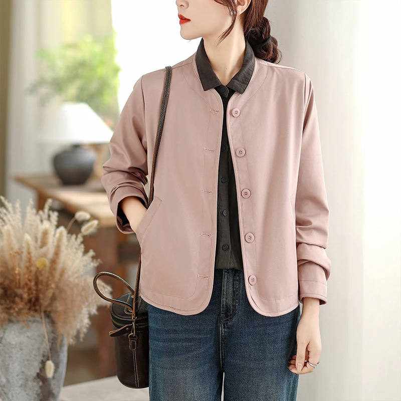 Hohe Qualität Frühling Herbst Damen Jaet Einfacher vielseitiger Stehkragen ort Sle Faionable Top Polyester Baumwollmischung