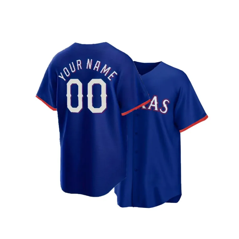 Customized Name And Number Men's Embroidery Baseball Jersey Texas Blue V-Neck Personalized Short Sleeve Button Down Shirts