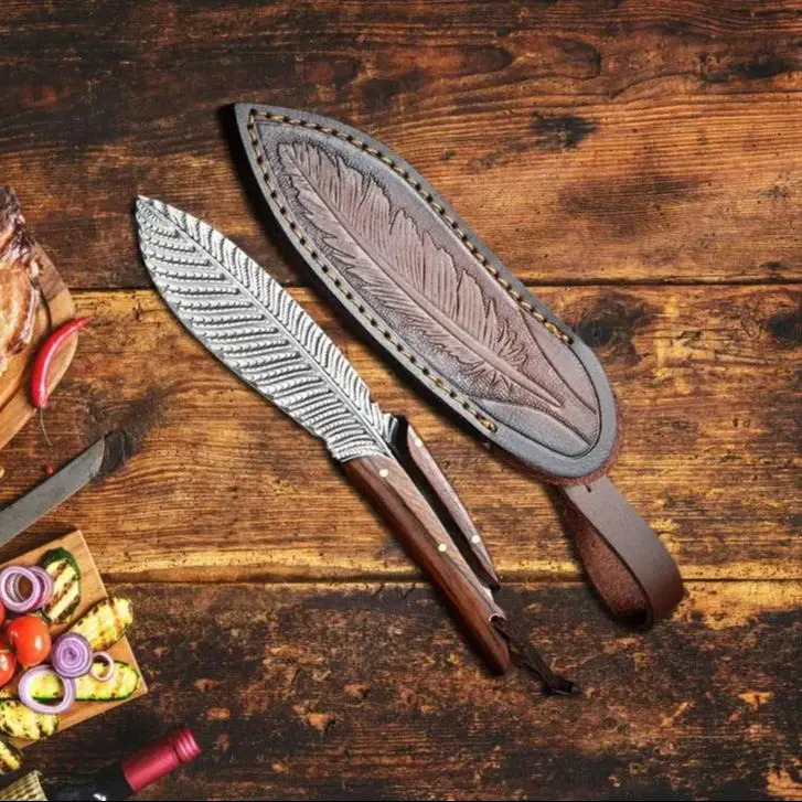 

Damascus bone blade Multicolored feather pattern outdoor knife Jungle adventure straight knife Collection Gift knife set