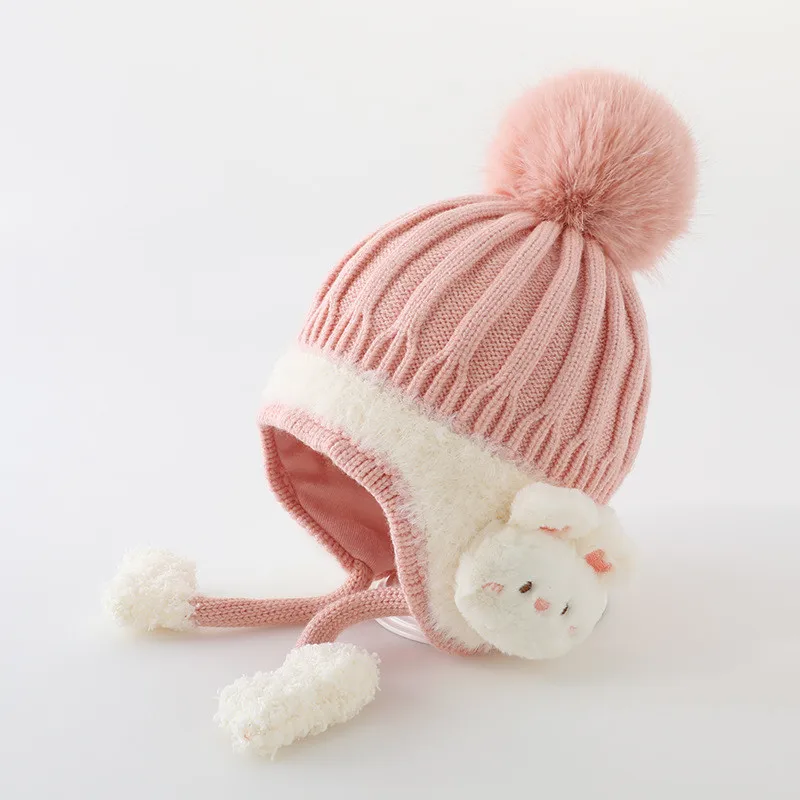 

New Autumn Winter Knitted Baby Hat Girls Toddler Rabbit Pompom Hat Outdoor Warm Ear Protection Hat