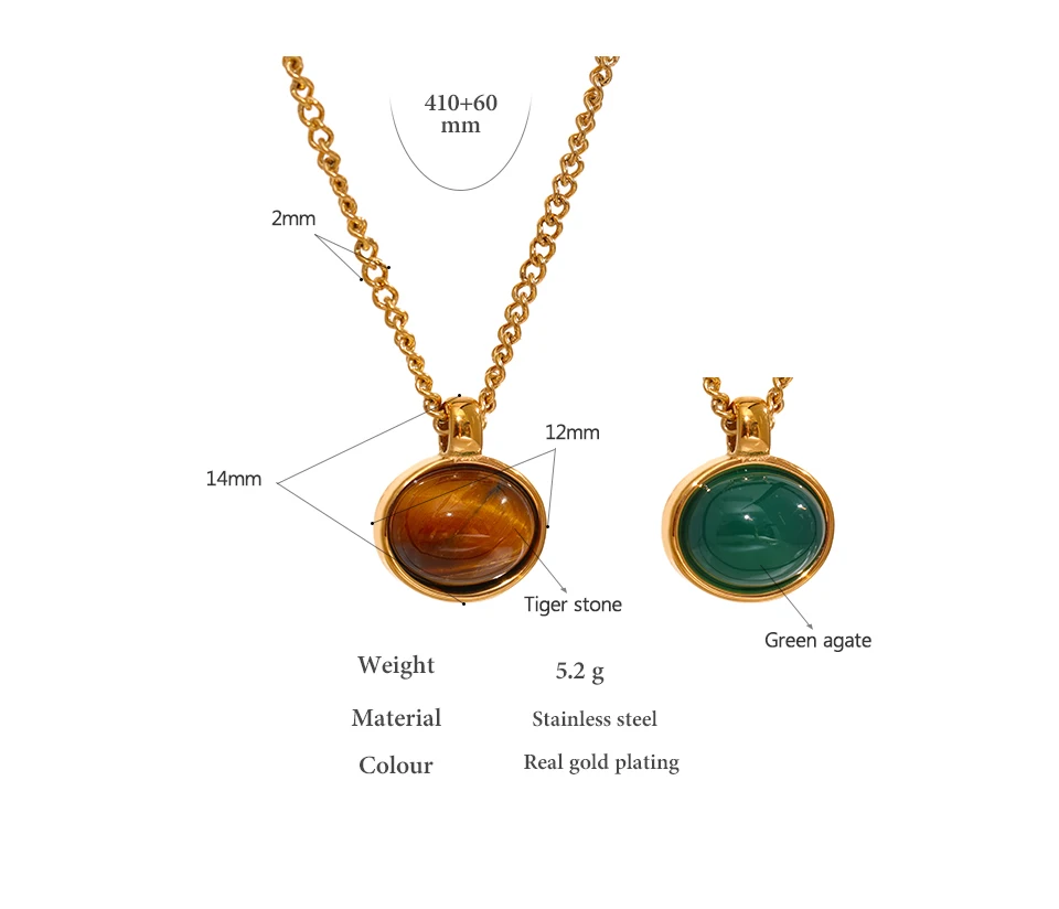 Yhpup Green Agate Tiger Stone Pendant Necklace for Women 316L Stainless Steel Gold Color Chain Collar Fashion Charm Jewelry