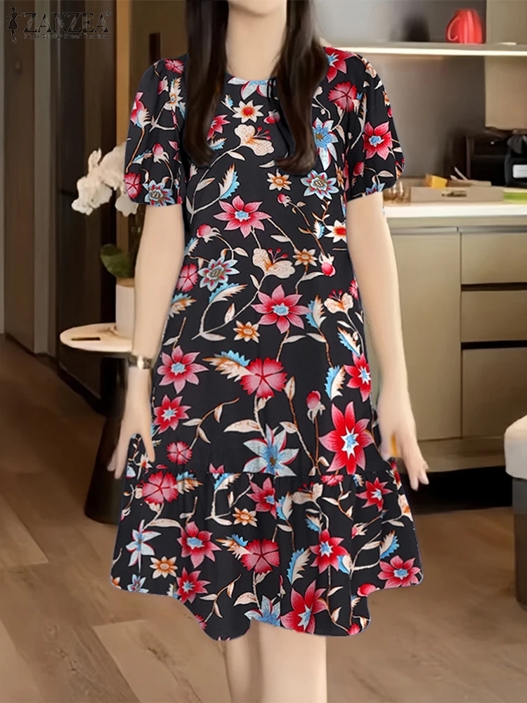 ZANZEA Femme ourlet à volants Robes florales 2025 été manches courtes bouffantes col rond Robes décontractées Femme vacances a-ligne Robes