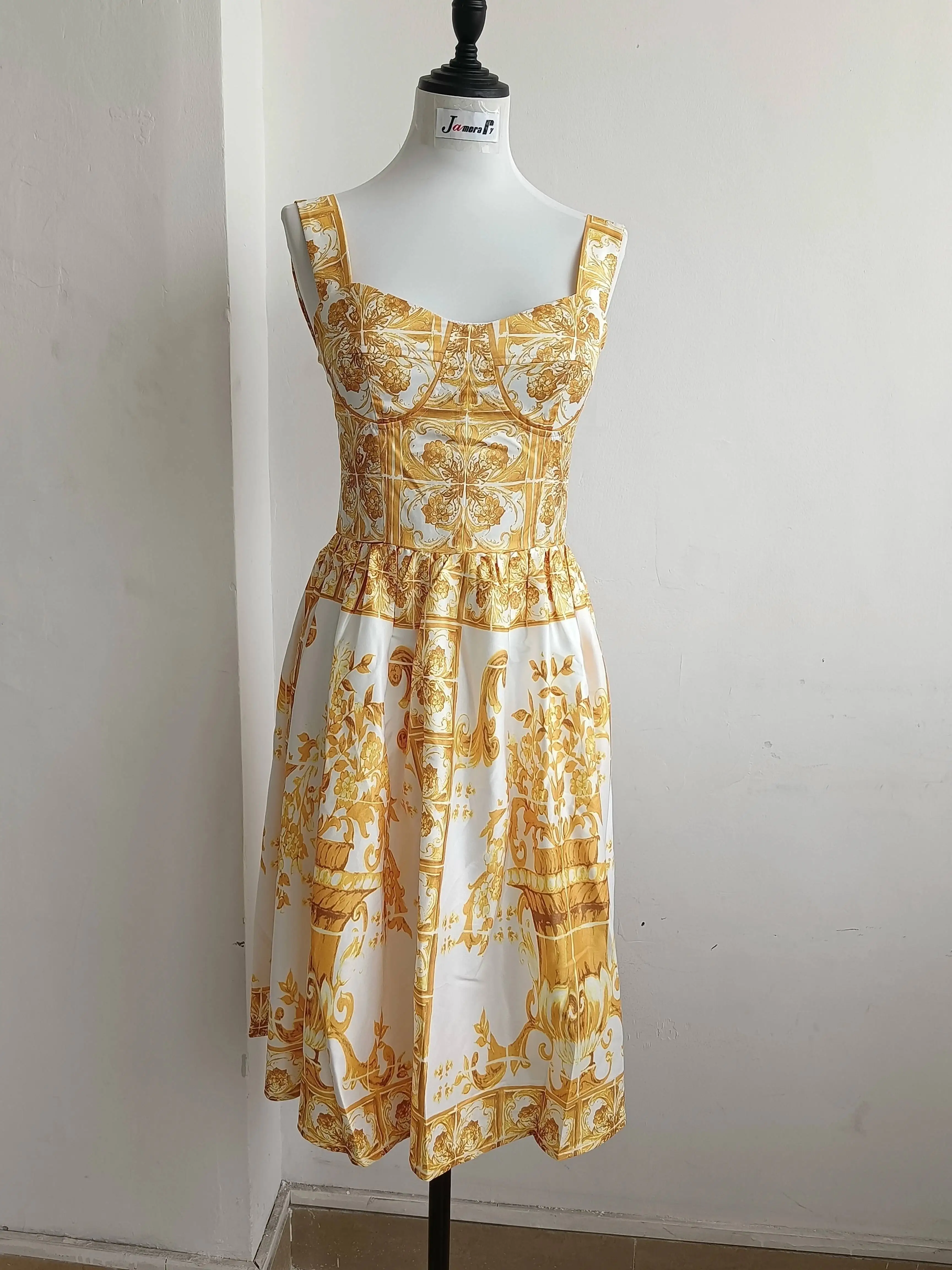 Summer Holiday Yellow Print Midi Beach Dress Women Spaghetti Strap Elastic Backless Red White Porcelain Flower Sundress