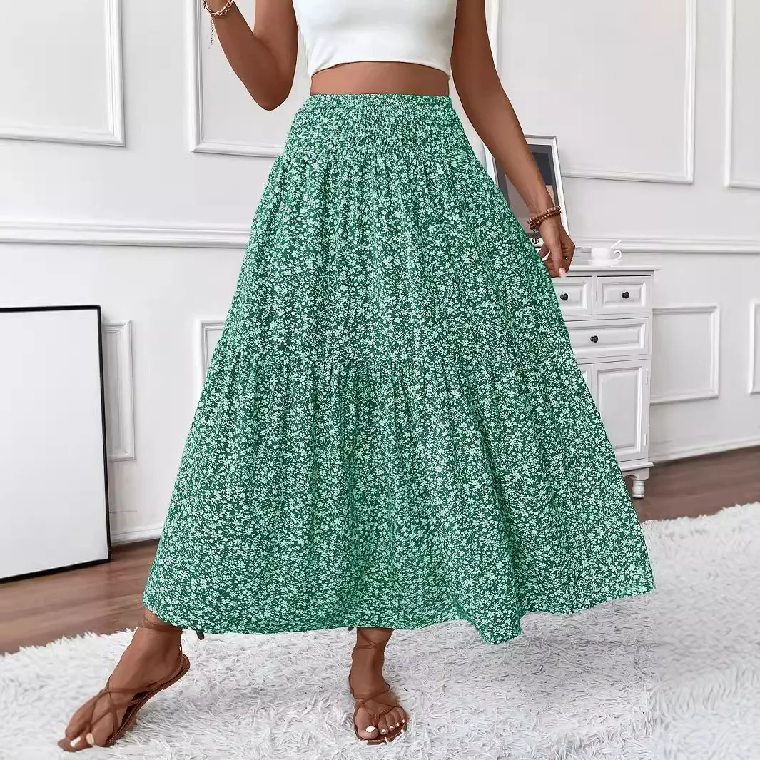 Women's Boho Floral Print Skirt Vintage High Waist Maxi Skirts Summer Casual Loose Beach Skirt Elegant Ladies Flowy Ruffle Skirt