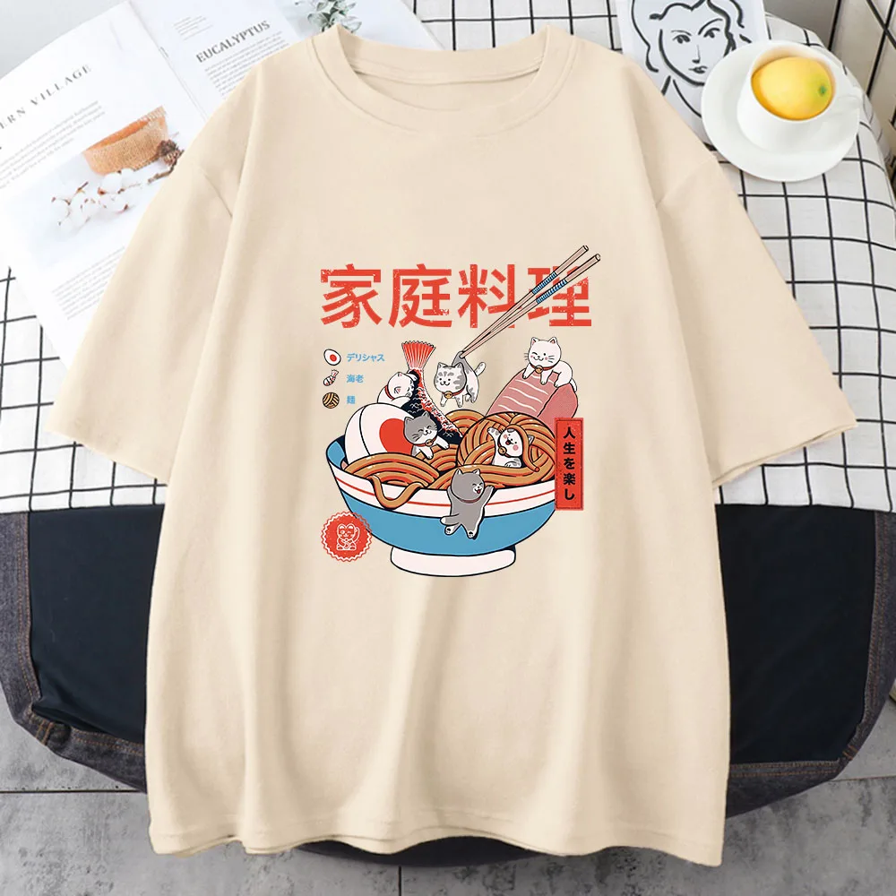 

Ramen Cats Women Japanese Anime Characters T-shirts 100% Cotton Casual T Shirts Summer Harajuku Kawaii Clothing Slight Strech