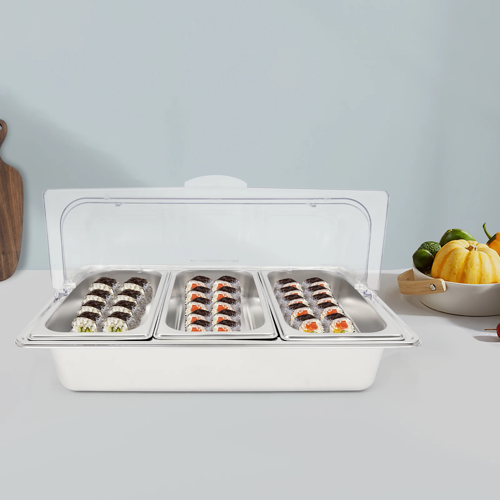 Buffet d'hôtel/Station de Buffet froid de mariage récipient d'affichage alimentaire en acier inoxydable à 3 compartiments récipient de fraîcheur de salade de fruits de mer