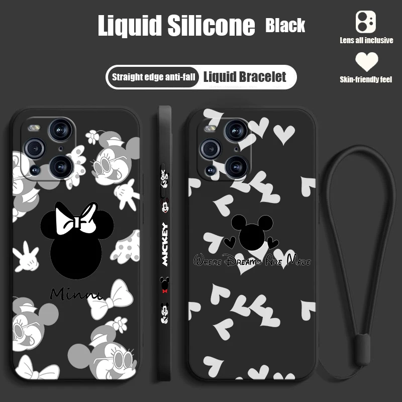 Mickey Mouse Couple For OPPO Find X6 X5 X3 X2 Pro Lite Liquid Left Rope Silicone Cover Phone Case