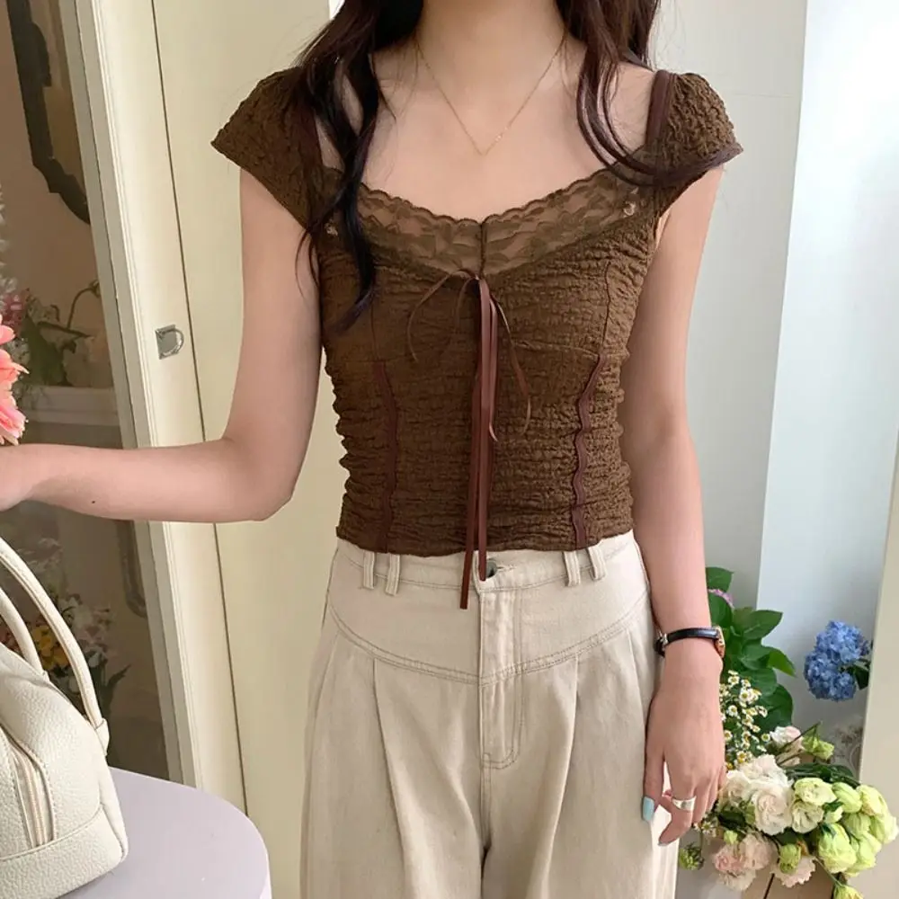 

Ins Sweet Slim Crop Top Korean Style Female Clothing Short Sleeve T-shirt Bottoming Shirt Spicy Girl Lace Bow T-Shirt Summer