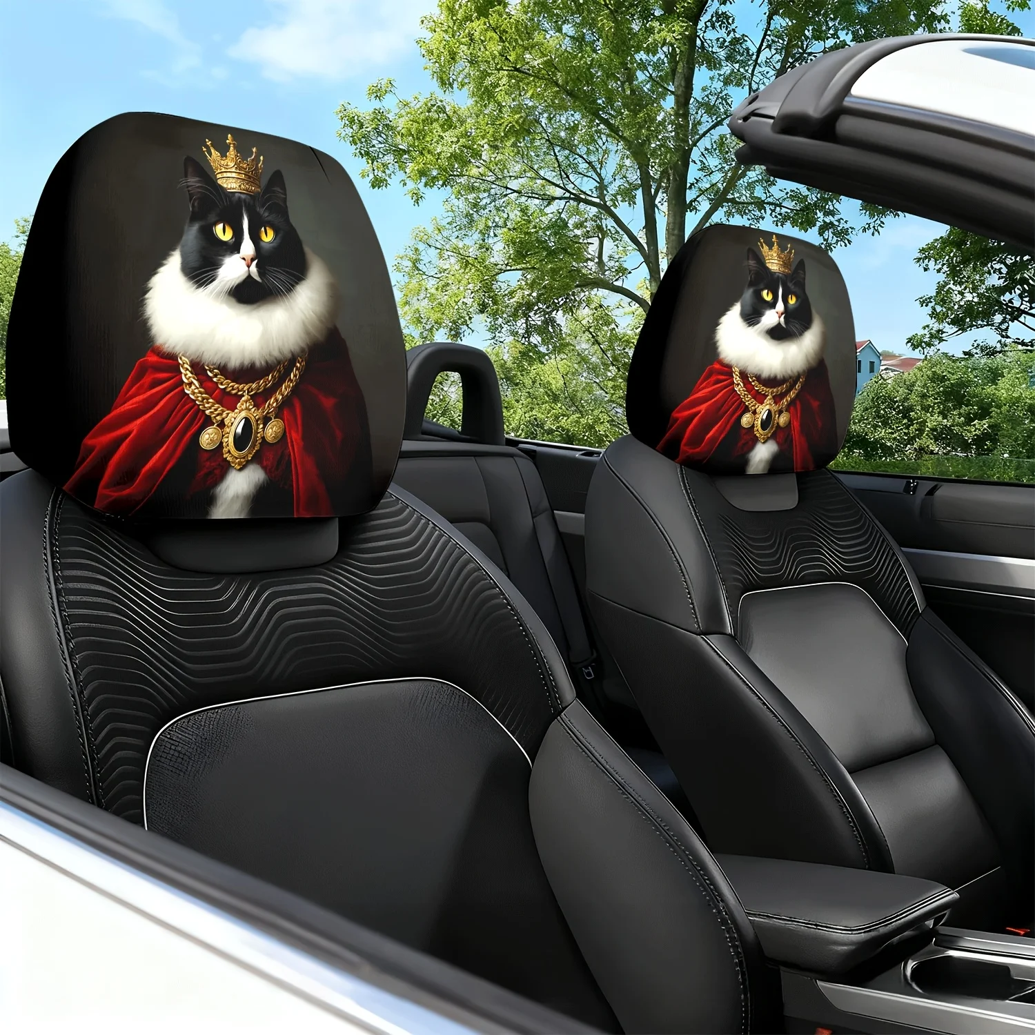 2pcs Car Headrest Covers with Cat Crown Cape Themed Print Pattern, Car Seat Cushion Headrest Neck Pillow Protector - Featuring