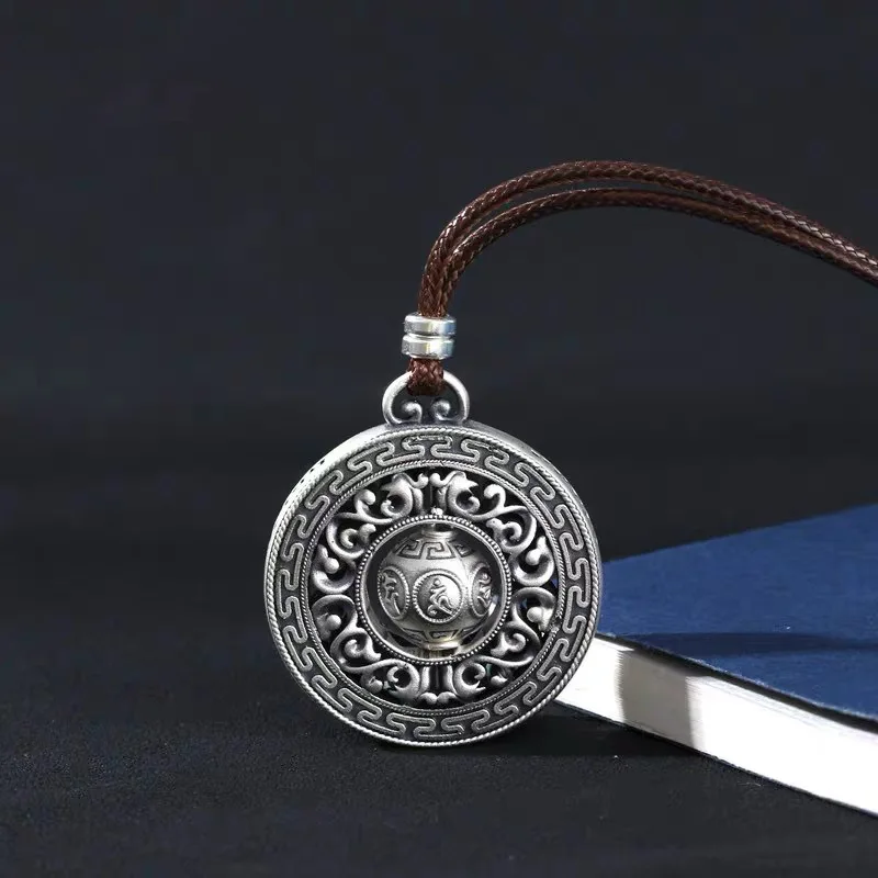 Silver retro rotatable six character motto pendant, Tibetan ethnic style black rope necklace, high-end jewelry
