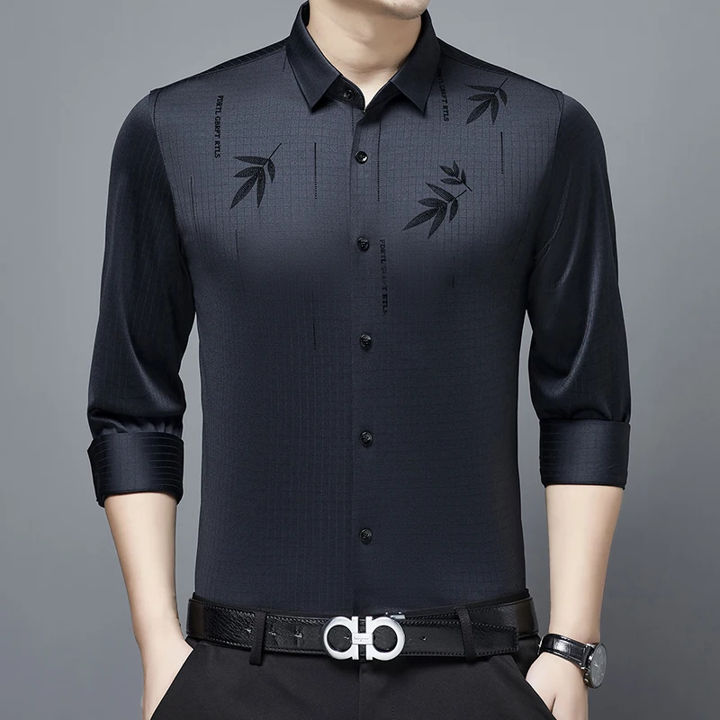 Camisas de manga larga con estampado de hojas para hombre, camisas masculinas informales de lujo, de ajuste Regular, cómodas, de calidad, a la moda, de primavera, nuevas