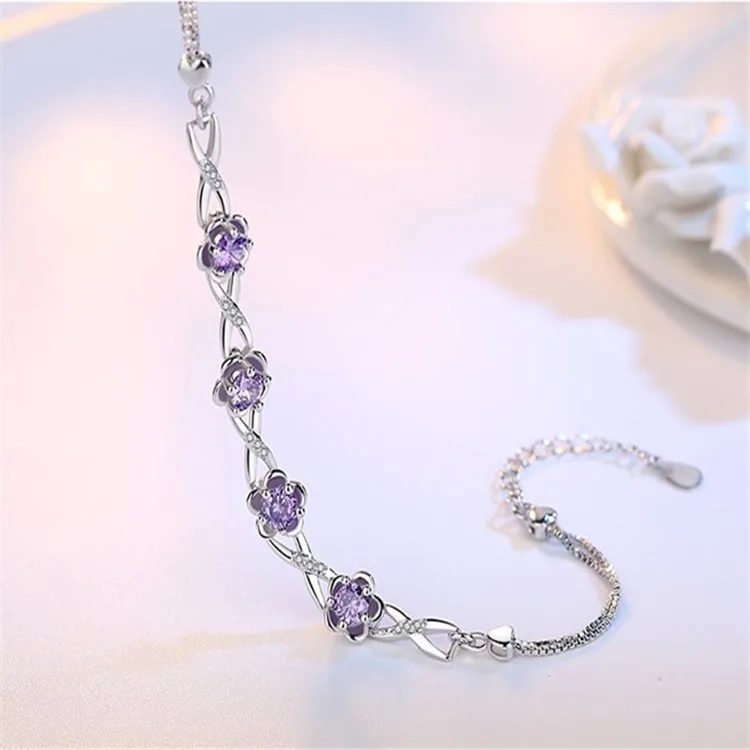 Luxury 925 Sterling Silver Infinity Love Bracelet Purple White Zirconia Plum Flower Bracelet & Bangle For Women Pulseiras Prata