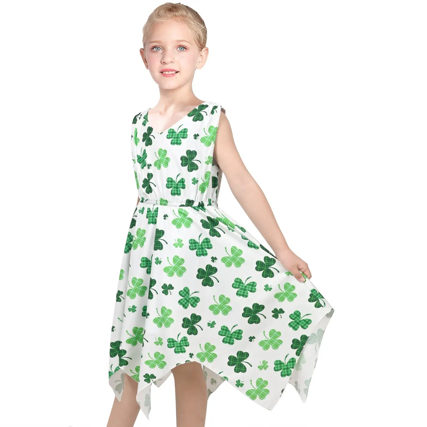 Girls Dress Green Clover St Patrick Hanky Hem Festive Party Spring Summer