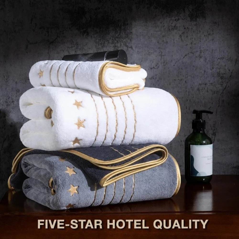 4pcs Absorbent Star Embroidered Towel Set Quick Dry Thickened Bath Linen Set Ultra Soft Gold Trim Hand Towel Set Travel