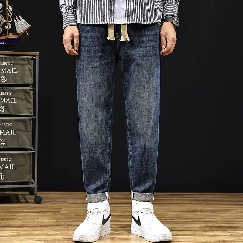 جينز خريفي وشتوي مقاس كبير بخصر مطاطي للرجال، فضفاض بأقدام صغيرة ورباط بالإضافة إلى بنطال هارون متعدد الاستخدامات