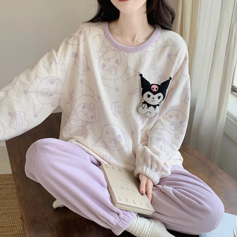 

hello kitty Pajama Women Spring Fall Casual Cartoon Student sleepwear Long Sleeve Trouser set Sanrio kuromi nightgown