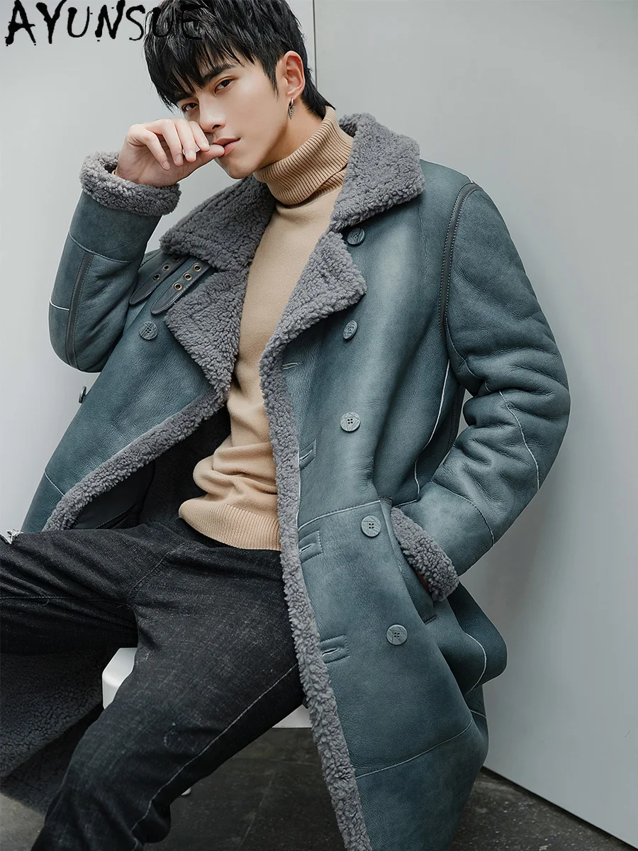 AYUNSUE High-end Original Sheepskin Fur Jacket for Men Mid-length Real Fur Coat Luxury 2025 Winter Genuine Leather Jackets Man