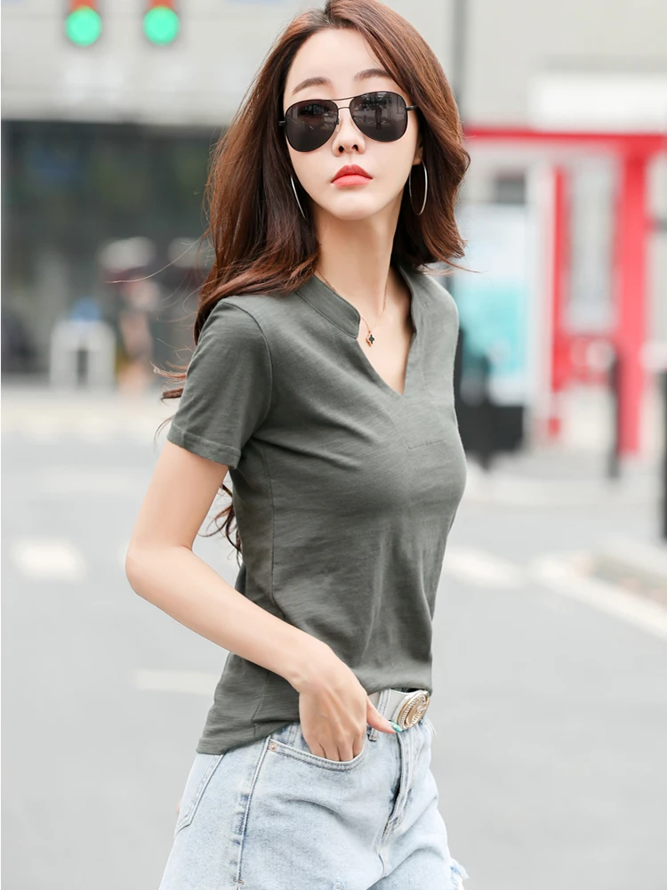 2026 Sommer Bambus-Baumwoll-T-Shirt für Damen, V-Ausschnitt, Weiche T-Shirts, Klassische Mode, Größen S-3XL, Damen-Oberteile – Detail 13